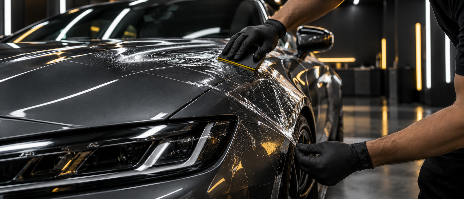 Paint protection film installation on a graphite performance car